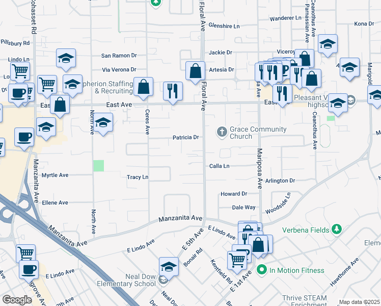 map of restaurants, bars, coffee shops, grocery stores, and more near 19 Redding Court in Chico