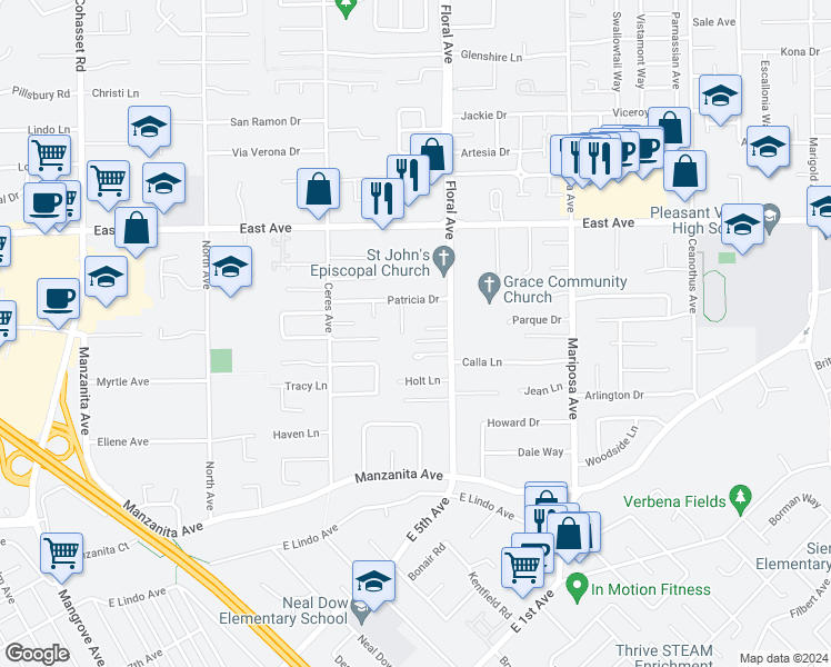 map of restaurants, bars, coffee shops, grocery stores, and more near 19 Redding Court in Chico