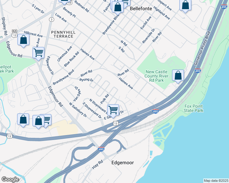 map of restaurants, bars, coffee shops, grocery stores, and more near 44 North Rodney Drive in Wilmington