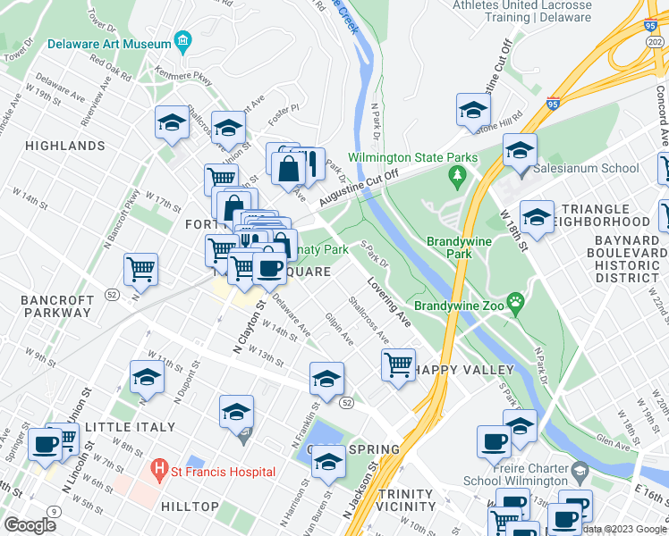 map of restaurants, bars, coffee shops, grocery stores, and more near 1706 North Rodney Street in Wilmington