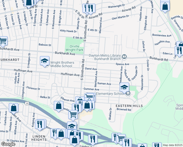 map of restaurants, bars, coffee shops, grocery stores, and more near 1665 Huffman Avenue in Dayton