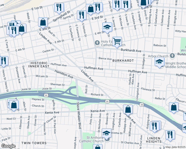 map of restaurants, bars, coffee shops, grocery stores, and more near 112 Davis Avenue in Dayton