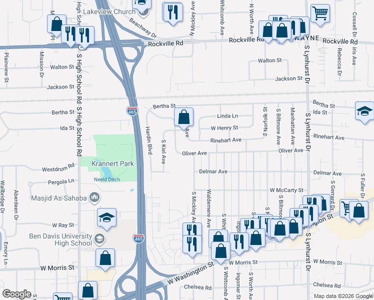 map of restaurants, bars, coffee shops, grocery stores, and more near 5739 Oliver Avenue in Indianapolis