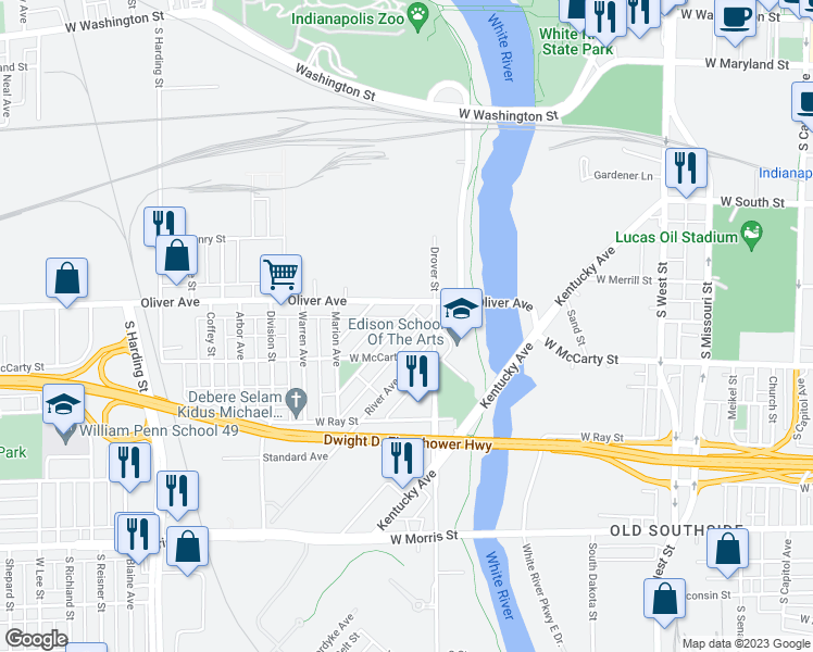 map of restaurants, bars, coffee shops, grocery stores, and more near 625 Birch Avenue in Indianapolis