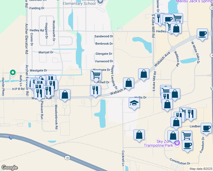 map of restaurants, bars, coffee shops, grocery stores, and more near 3913 Marryat Drive in Springfield