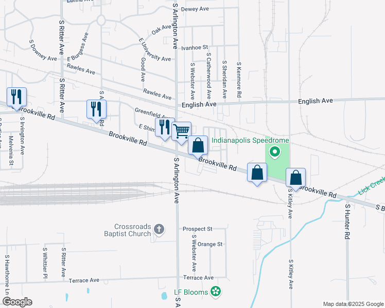map of restaurants, bars, coffee shops, grocery stores, and more near 6104 South Brookville Road in Indianapolis
