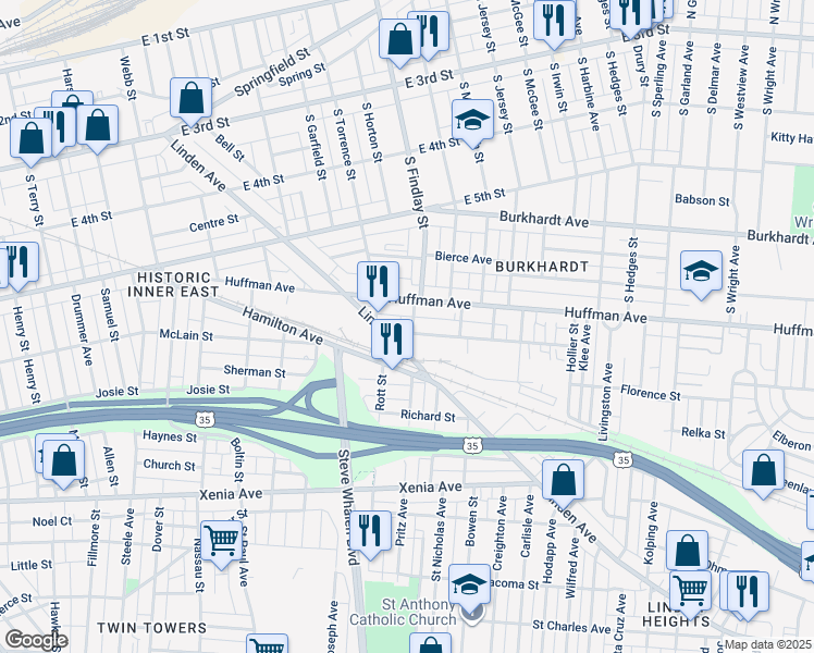 map of restaurants, bars, coffee shops, grocery stores, and more near 29 Davis Avenue in Dayton