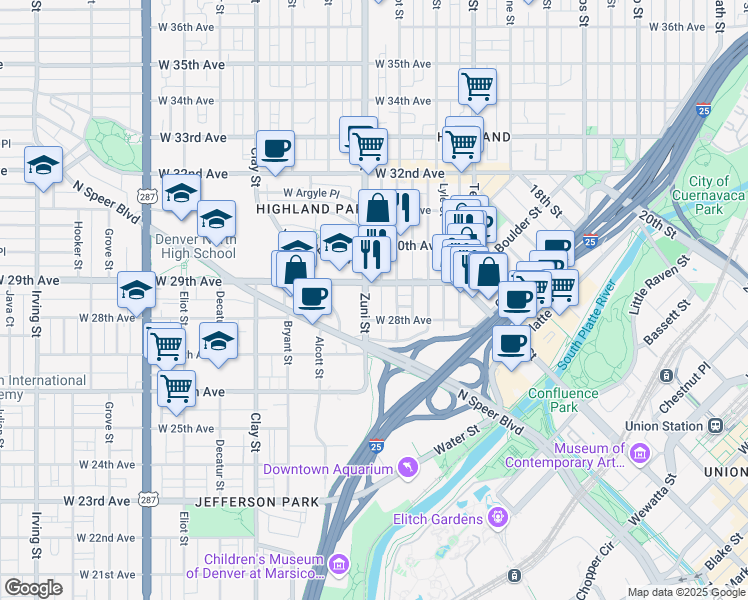 map of restaurants, bars, coffee shops, grocery stores, and more near 2828 Zuni Street in Denver