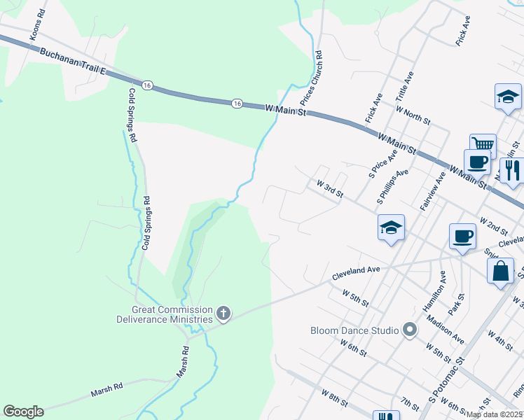 map of restaurants, bars, coffee shops, grocery stores, and more near 738 Fir Spring Drive in Waynesboro