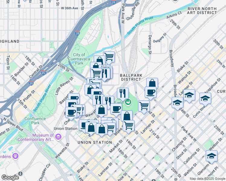 map of restaurants, bars, coffee shops, grocery stores, and more near 2100 Delgany Street in Denver