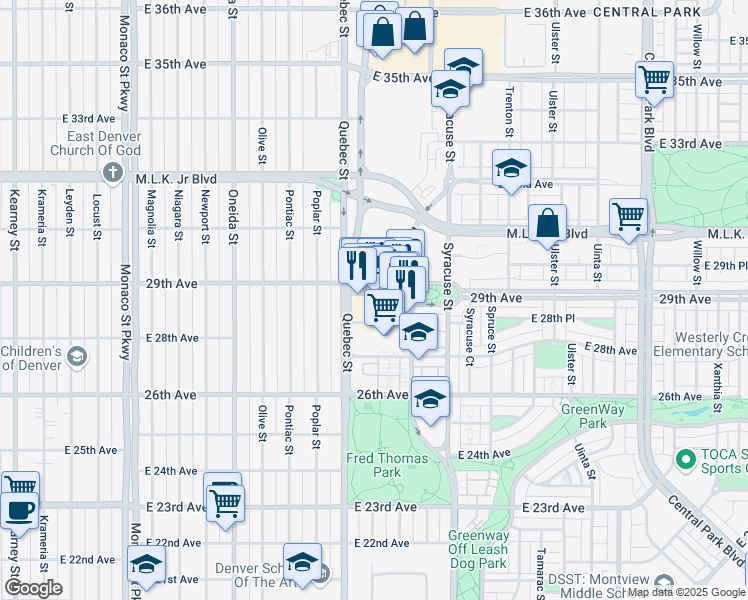 map of restaurants, bars, coffee shops, grocery stores, and more near 7350 East 29th Avenue in Denver