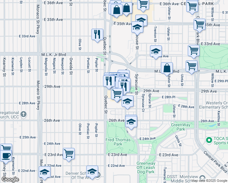 map of restaurants, bars, coffee shops, grocery stores, and more near 7350 East 29th Avenue in Denver