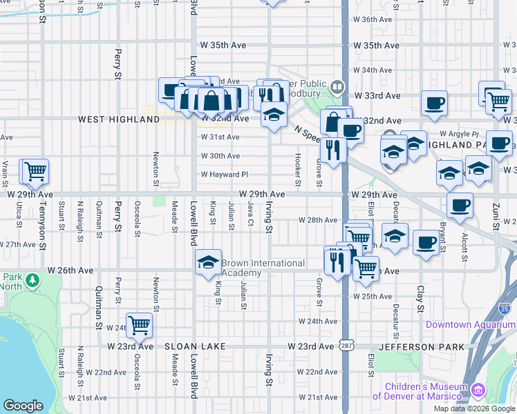 map of restaurants, bars, coffee shops, grocery stores, and more near 2747 Irving Street in Denver