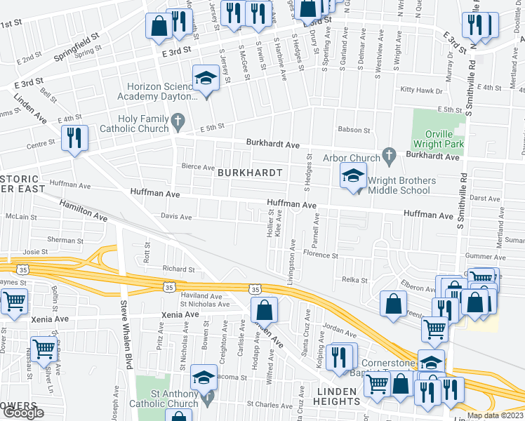 map of restaurants, bars, coffee shops, grocery stores, and more near 1040 Huffman Avenue in Dayton