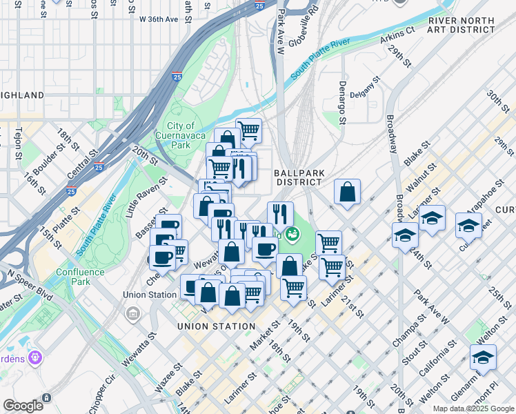 map of restaurants, bars, coffee shops, grocery stores, and more near 2100 Delgany Street in Denver
