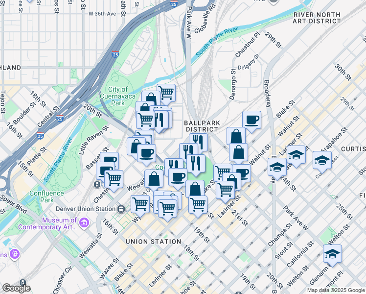 map of restaurants, bars, coffee shops, grocery stores, and more near 2101 Wewatta Street in Denver