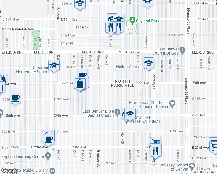 map of restaurants, bars, coffee shops, grocery stores, and more near 2855 Grape Street in Denver