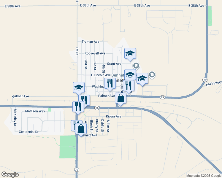 map of restaurants, bars, coffee shops, grocery stores, and more near 475 Palmer Avenue in Bennett