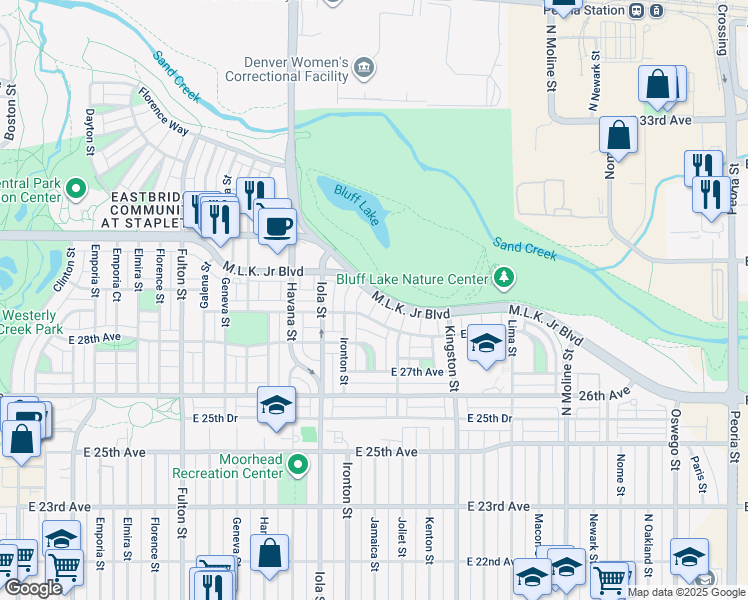 map of restaurants, bars, coffee shops, grocery stores, and more near 10833 East 28th Place in Denver