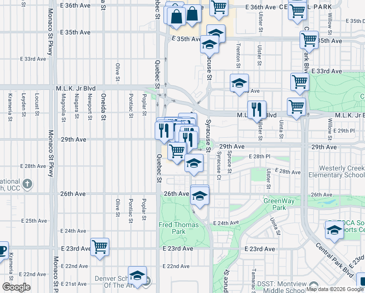 map of restaurants, bars, coffee shops, grocery stores, and more near 7484 East 29th Avenue in Denver