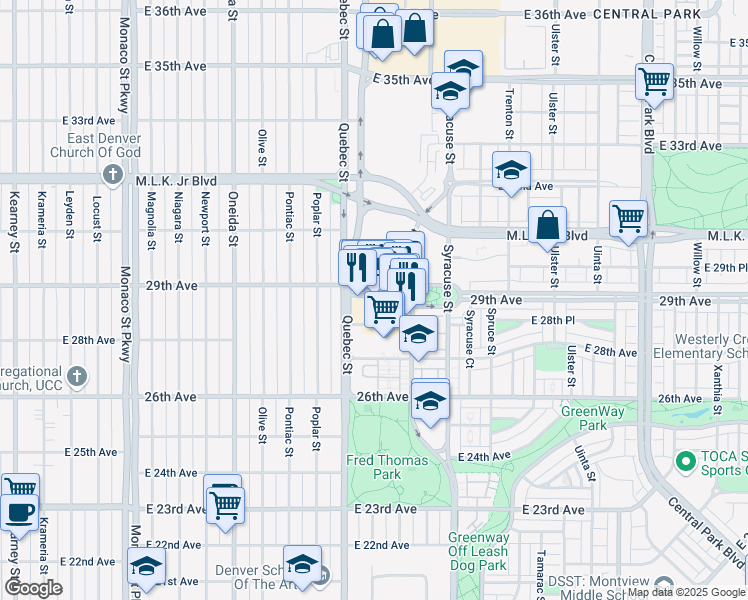 map of restaurants, bars, coffee shops, grocery stores, and more near 2850 Quebec Street in Denver