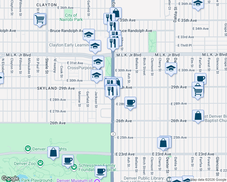 map of restaurants, bars, coffee shops, grocery stores, and more near 2848 Colorado Boulevard in Denver