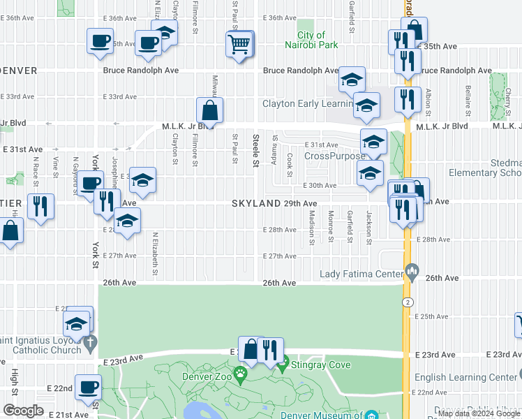 map of restaurants, bars, coffee shops, grocery stores, and more near 2827 Adams Street in Denver