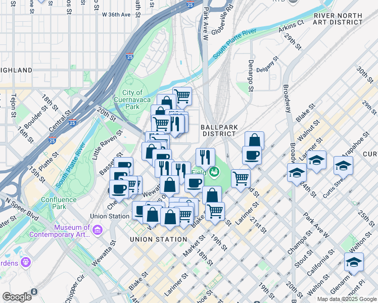 map of restaurants, bars, coffee shops, grocery stores, and more near in Denver