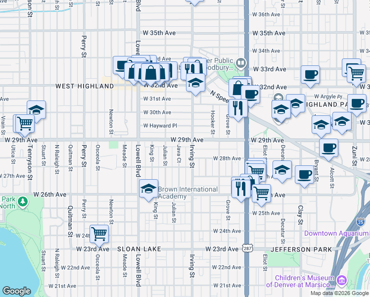 map of restaurants, bars, coffee shops, grocery stores, and more near 2747 Irving Street in Denver