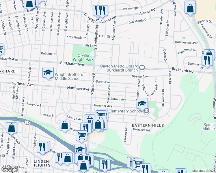 map of restaurants, bars, coffee shops, grocery stores, and more near 1665 Huffman Avenue in Dayton