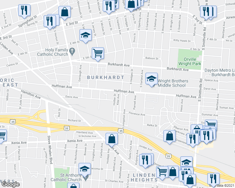 map of restaurants, bars, coffee shops, grocery stores, and more near 27 Hollier Street in Dayton