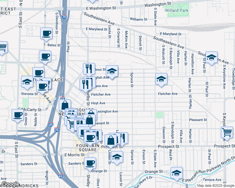 map of restaurants, bars, coffee shops, grocery stores, and more near 1337 Fletcher Avenue in Indianapolis