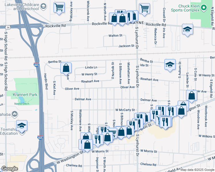 map of restaurants, bars, coffee shops, grocery stores, and more near 607 South Worth Avenue in Indianapolis
