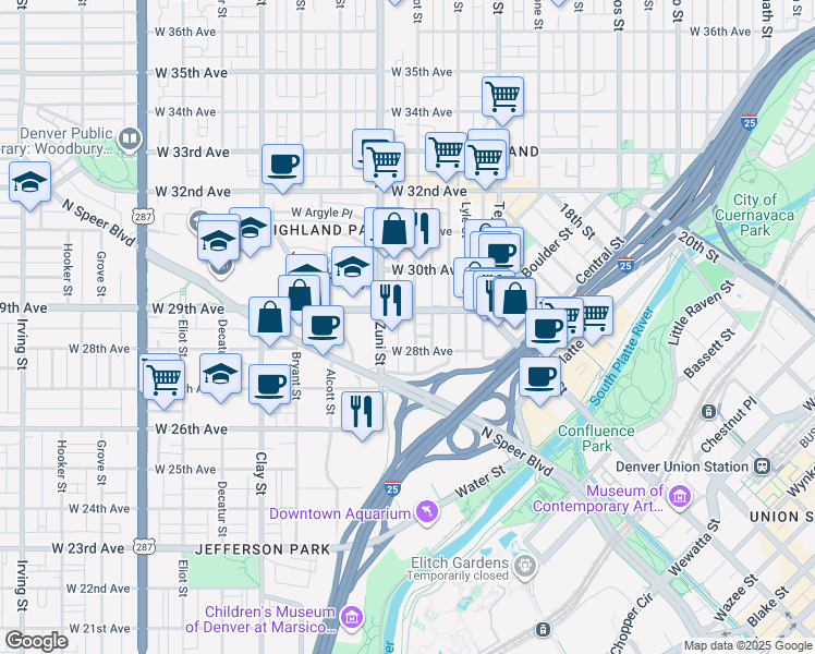 map of restaurants, bars, coffee shops, grocery stores, and more near 2826 Zuni Street in Denver