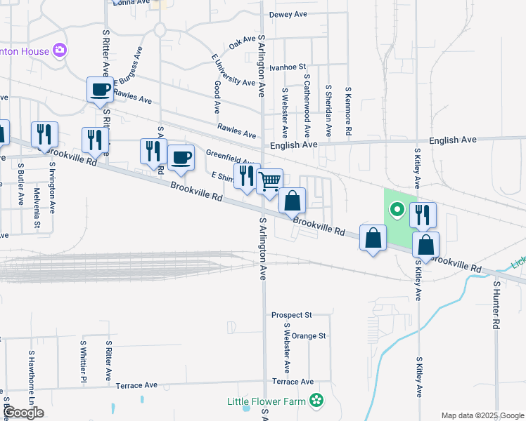 map of restaurants, bars, coffee shops, grocery stores, and more near S Brookville Rd & S Arlington Ave in Indianapolis