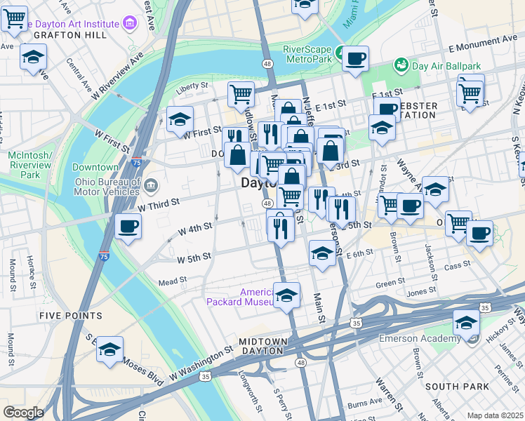 map of restaurants, bars, coffee shops, grocery stores, and more near 101 South Ludlow Street in Dayton