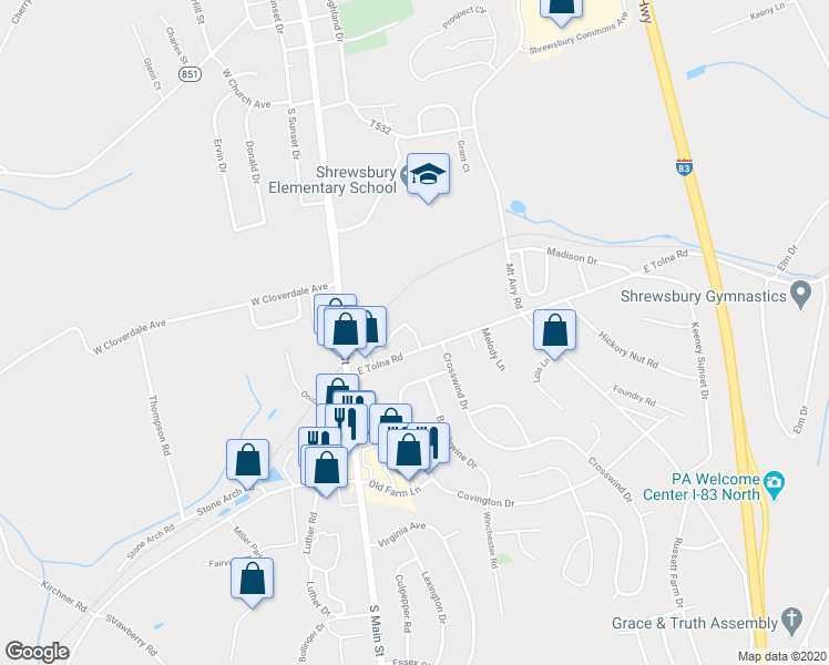 map of restaurants, bars, coffee shops, grocery stores, and more near 105 Saint Matthew Lane in Shrewsbury