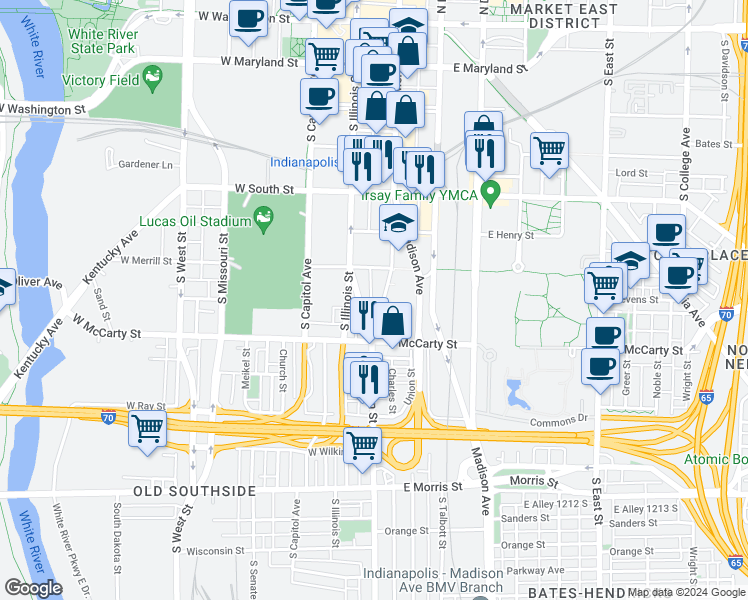 map of restaurants, bars, coffee shops, grocery stores, and more near 642 South Meridian Street in Indianapolis