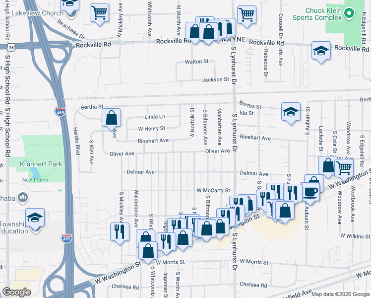 map of restaurants, bars, coffee shops, grocery stores, and more near 607 South Worth Avenue in Indianapolis