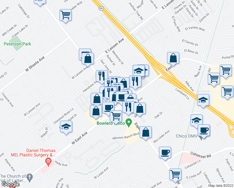 map of restaurants, bars, coffee shops, grocery stores, and more near 2568 Esplanade in Chico