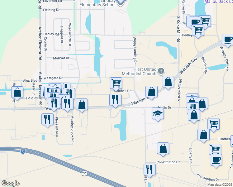 map of restaurants, bars, coffee shops, grocery stores, and more near 3080 Mercantile Drive in Springfield