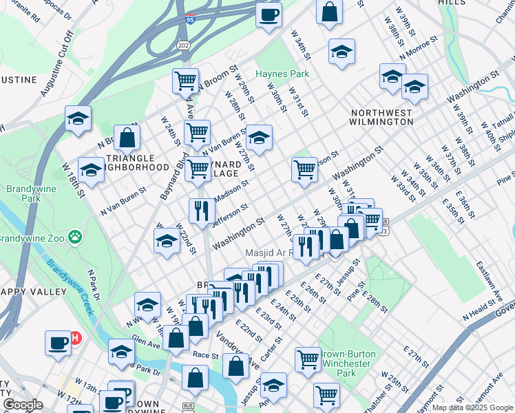 map of restaurants, bars, coffee shops, grocery stores, and more near 315 West 26th Street in Wilmington