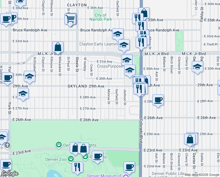 map of restaurants, bars, coffee shops, grocery stores, and more near 2892 Monroe Street in Denver