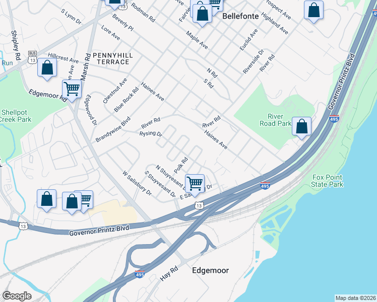 map of restaurants, bars, coffee shops, grocery stores, and more near 7 North Rodney Drive in Wilmington
