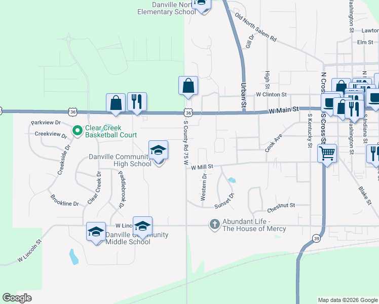 map of restaurants, bars, coffee shops, grocery stores, and more near 341 Mackey Road in Danville