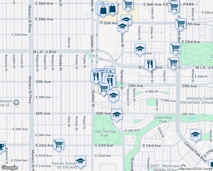map of restaurants, bars, coffee shops, grocery stores, and more near 7484 East 29th Avenue in Denver
