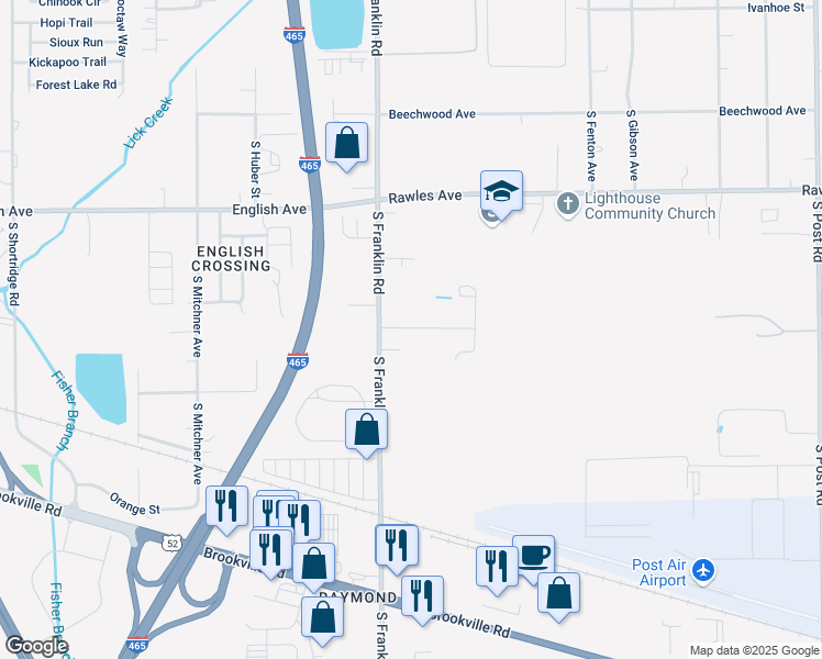 map of restaurants, bars, coffee shops, grocery stores, and more near 8031 Sycamore Springs Trail in Indianapolis