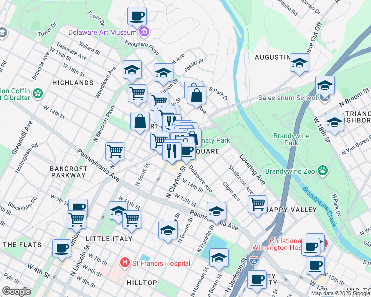 map of restaurants, bars, coffee shops, grocery stores, and more near Trolley Square in Wilmington