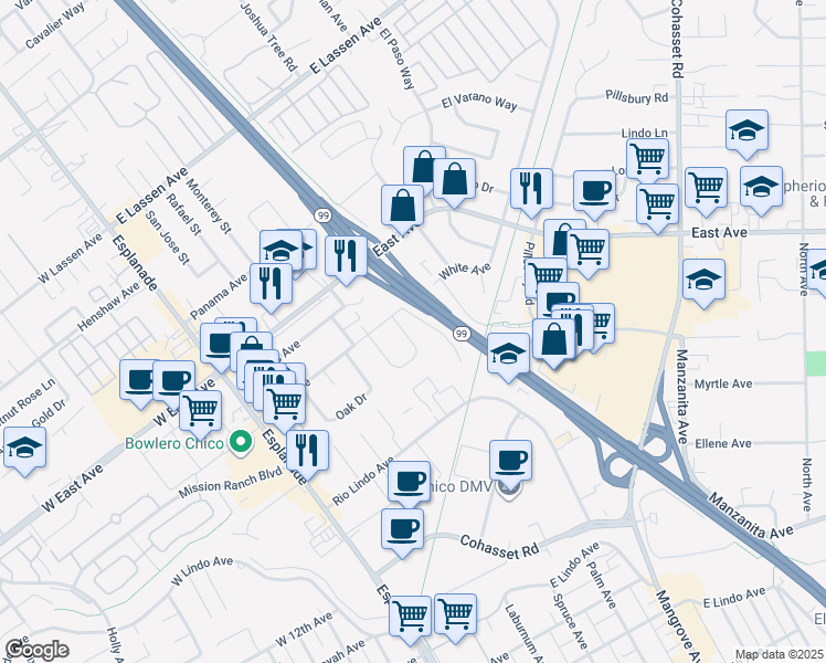 map of restaurants, bars, coffee shops, grocery stores, and more near 82 Arroyo Way in Chico