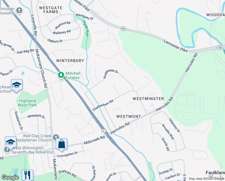 map of restaurants, bars, coffee shops, grocery stores, and more near 6 Kings Ridge Road in Wilmington